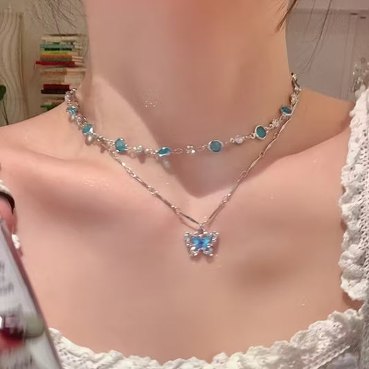 Blue Butterfly Necklace Set – Shimmering Blossom